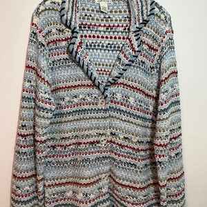Orvis Sz L Button Front Cardigan Sweater V Neck Collar Crocheted Weave Ribbon
